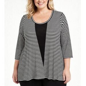 Karen Kane 1X Black & White Stripe Top with Black Textured V Insert Blouse Soft